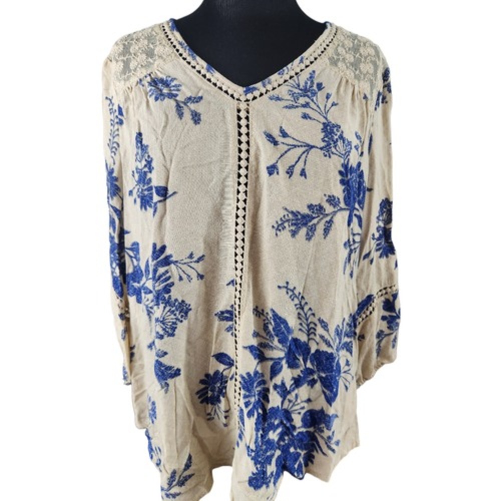 John Paul Richard Blouse Women Medium Beige Blue Floral Lace Trim Boho Top‎